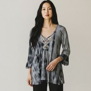 Free People Tunic Top Women S Grey Tie Dye Embroidered Boho Peasant Hippie